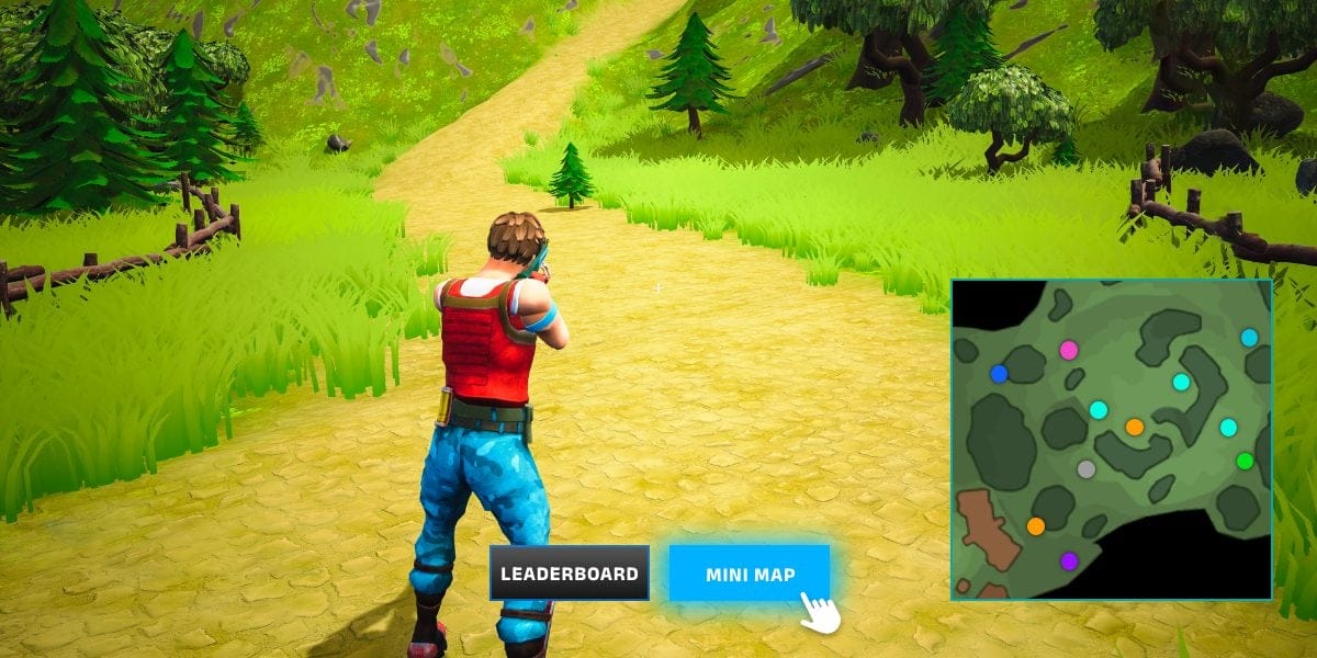 The image shows an example of Informed Streaming Interactivity - A player is aiming their gun in a sunlit grass field, to the right there is a miimap with player positios and in the bottom two buttons to switch between a leaderboard and the minimap.