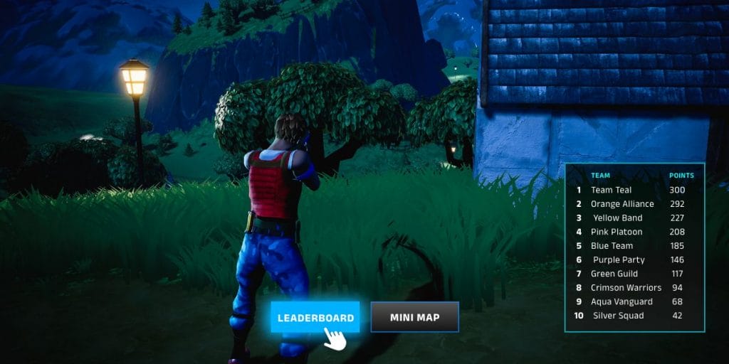 The image shows an example of Informed Streaming Interactivity - A player is aiming their gun in a grass field at night, to the right there is a leaderboard with team points and in the bottom two buttons to switch between the leaderboard and a minimap.