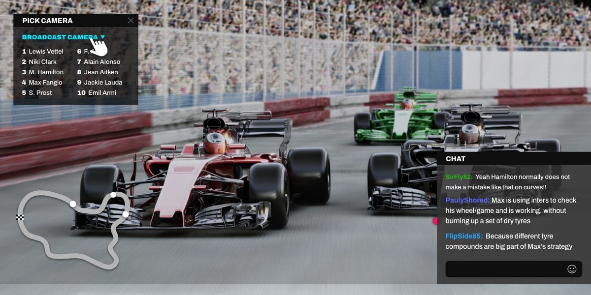 A car race, with a menu to pick different camera angles and a general audience chat, exemplifying the second type of streaming interactivity; focused