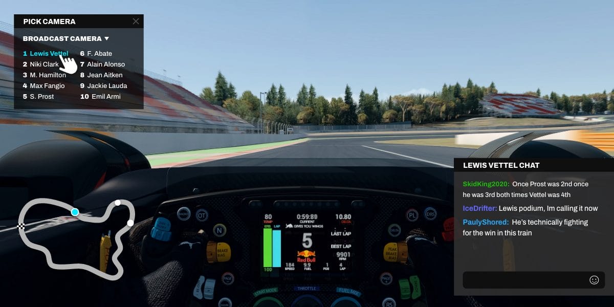 Specific driver's view in a race, with a menu to pick other camera angles and a chat box dedicated to that driver's fans, showcasing a streaming interactivity tier two feature; focused.