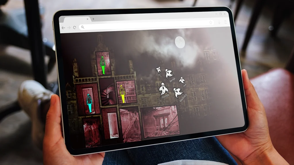 Mockup of a Haunted House MILE being played on a tablet.